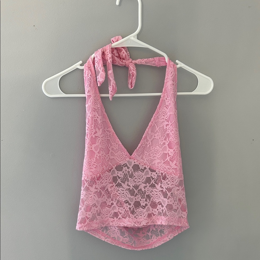 Pink Lace Halter Crop Top